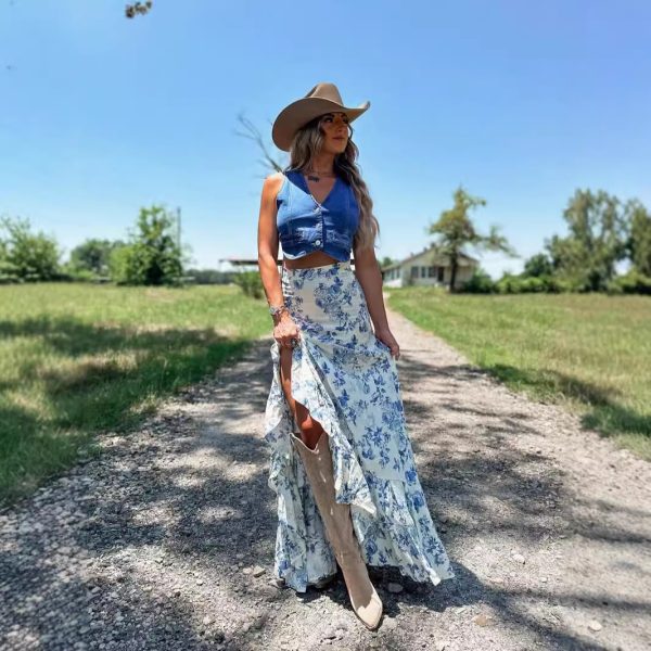 Split Print Pleating Big Hem Skirt - Image 2