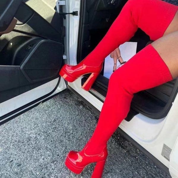 Wool Autumn And Winter New Round Head Chunky Heel Over The Knee Boots Women - Image 3