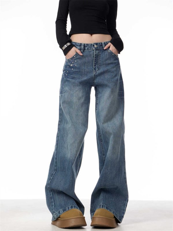 Women's Rivet High Waist Wide Leg Jeans Baggy Straight Trousers - Image 6
