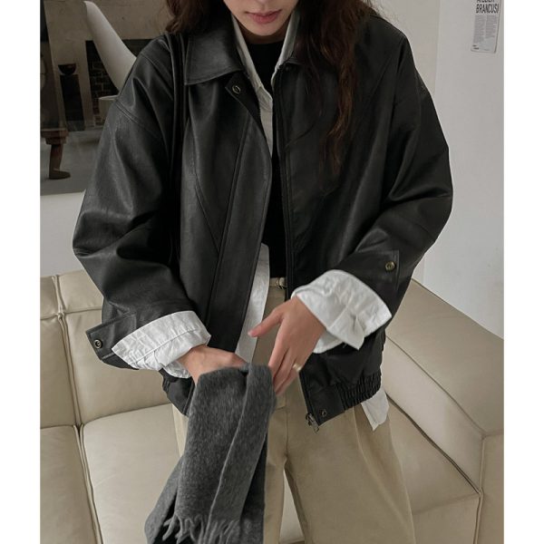South Korea Chic Early Autumn Retro Handsome Motorcycle Leather Coat - Image 3