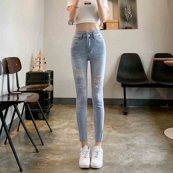 Women's Thin High Waist Ripped Light Gray Jeans - Image 2