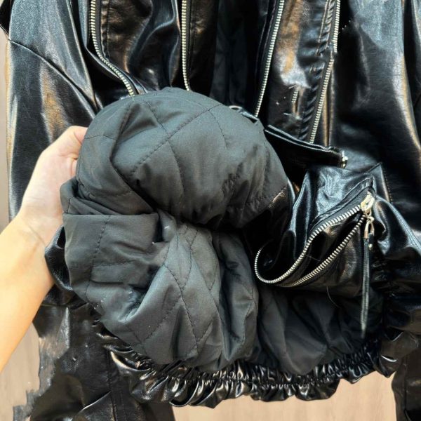 Cuffed Zipper Collar Button PU Leather Jacket Cotton Padded Jacket - Image 5