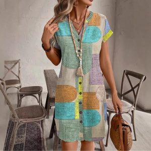 Printed Woven Elegant V-neck Button Dress