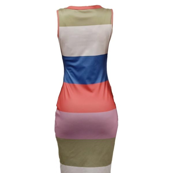 Ladies' Fashion Color Blocked Stripe Printed Sleeveless Tight Dress - Image 2