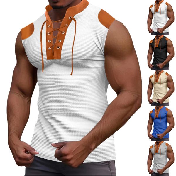 Casual Multicolor Lace-up V-neck Sleeveless T-shirt - Image 2