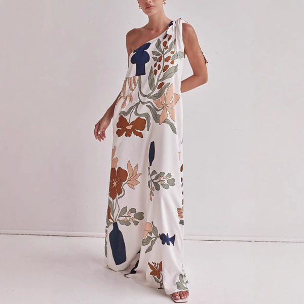 Oblique Shoulder Printed Pocket Dress Loose - Image 3
