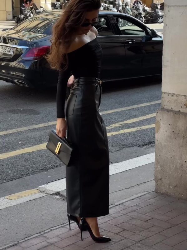 Classic High Waist Leather Skirt - Image 2