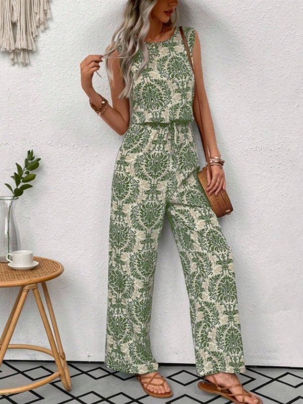 Printed Waist Cinching Casual Straight Leg Pants Set - Image 4