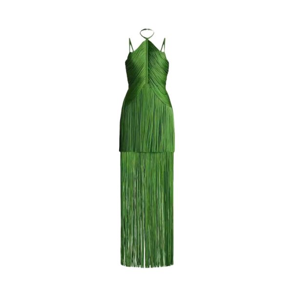 Green Halter Spaghetti Straps Tassel Dinner Ball Dress - Image 5