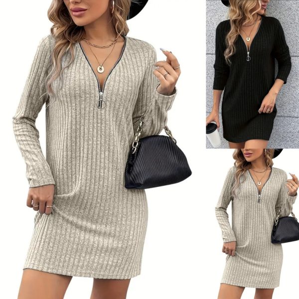 Elegant V-neck Zipper Sunken Stripe Ladies Dress - Image 2