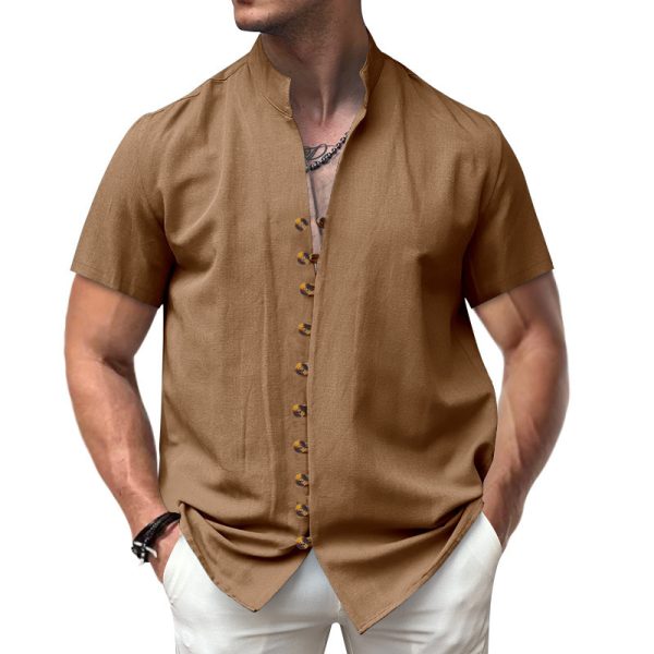 Linen Button Stand Collar Short Sleeve Shirt - Image 6