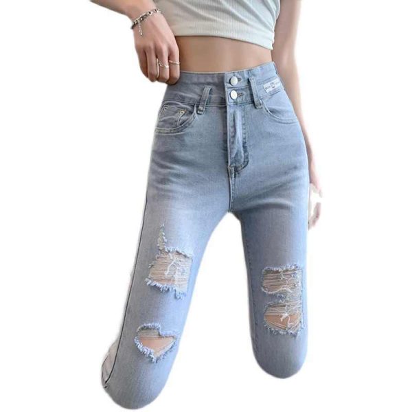 Women's Thin High Waist Ripped Light Gray Jeans - Image 7