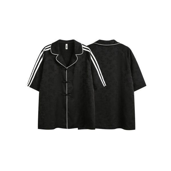 Striped Black Short Sleeve Shirt Men's Turn-down Collar Coat - Image 3