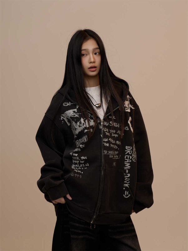 Sweater Women's Letter Printed Black Hooded Zipper Coat - Image 2