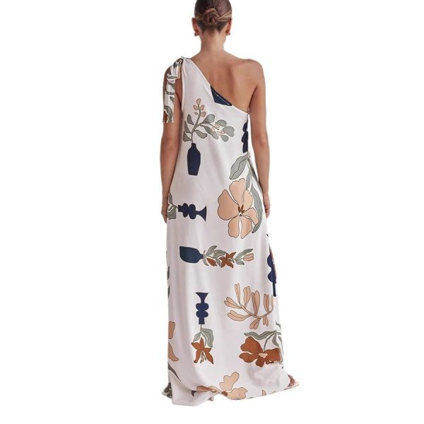 Oblique Shoulder Printed Pocket Dress Loose - Image 5