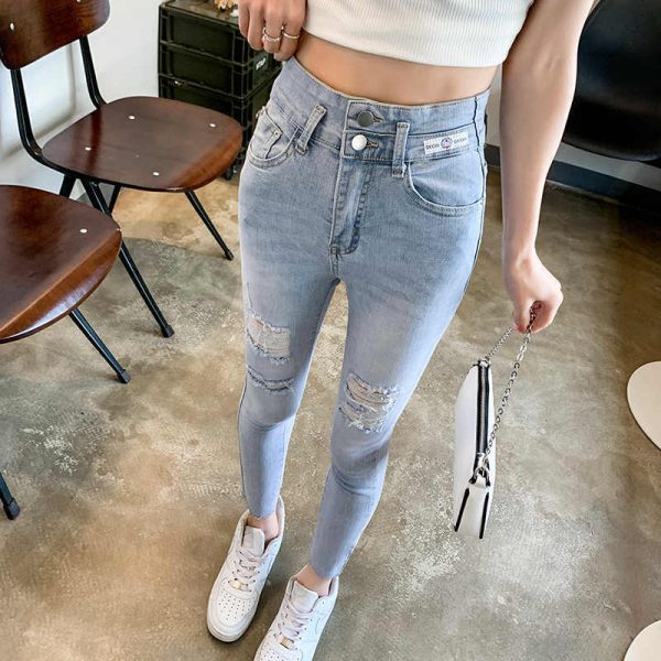 Women's Thin High Waist Ripped Light Gray Jeans - Image 5