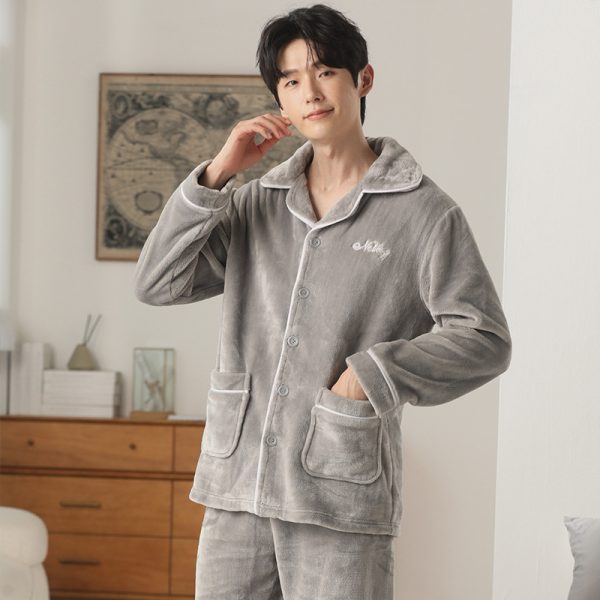 Autumn And Winter Flannel Men's Pajamas Men's Lapel Cardigan - Image 10