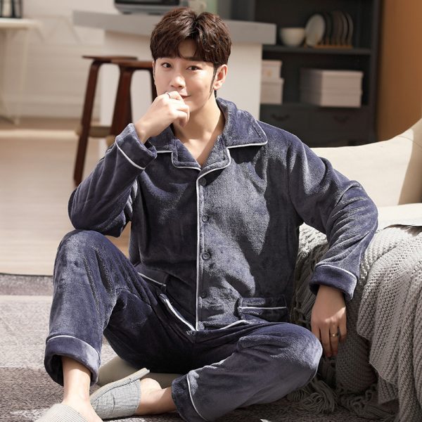 Autumn And Winter Flannel Men's Pajamas Men's Lapel Cardigan - Image 2
