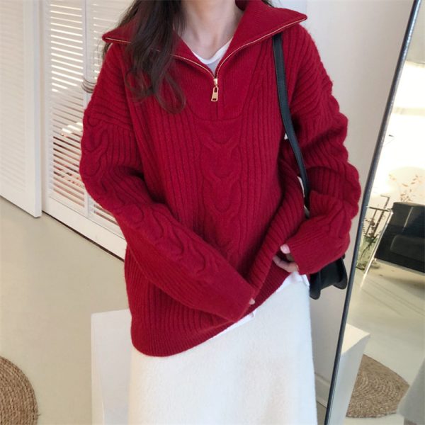 Half Zipper And Lapel Thick Sweater For Women Autumn And Winter - Image 2