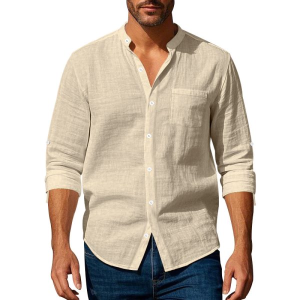 Long Sleeve Stand Collar Casual Men's Pocket Shirt - Image 7