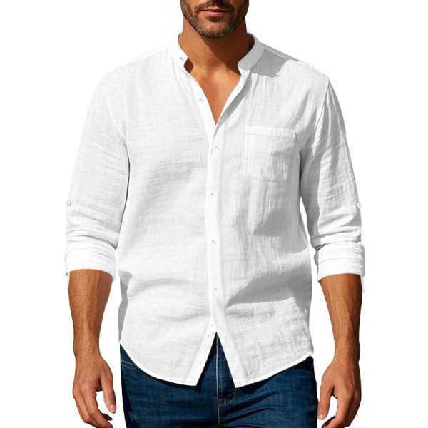 Long Sleeve Stand Collar Casual Men's Pocket Shirt - Image 8