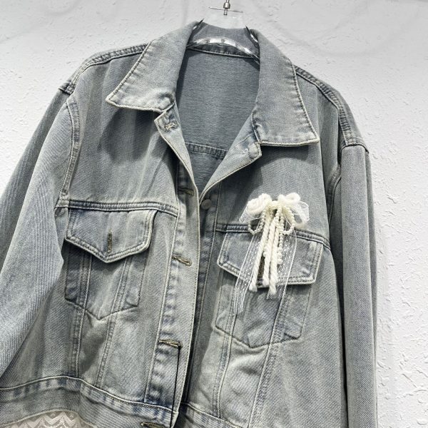 Fashion Lace Bow Patchwork Denim Jacket - Image 3