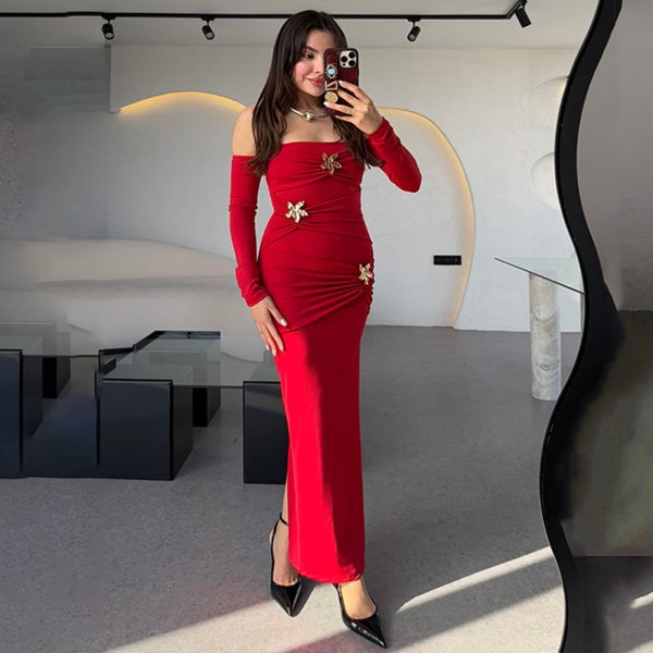 Women's Pleated Long-sleeved Dress Fashionable Slim Dress - Image 7