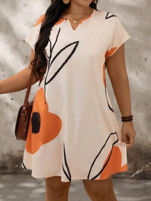 Plus Size Floral Print Notch Neck Batwing Sleeve Summer Dress - Image 4