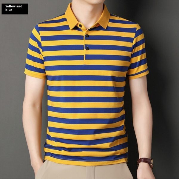 Summer Short-sleeved T-shirt Men's Cotton Ice Silk Polo Collar Stripes Youth Undershirt - Image 2