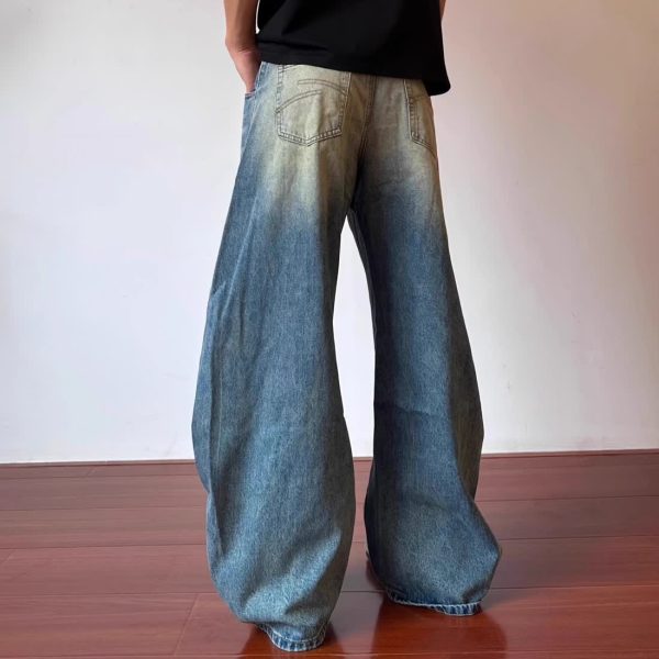 Retro Design Deconstructed Pleated Washed Blue Jeans - Image 4