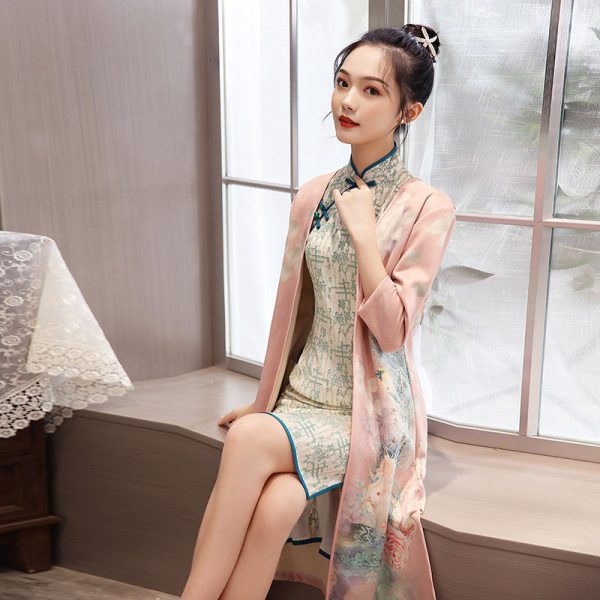 Women's Medium Length Cheongsam With Suede And Aodai Dress - Image 3