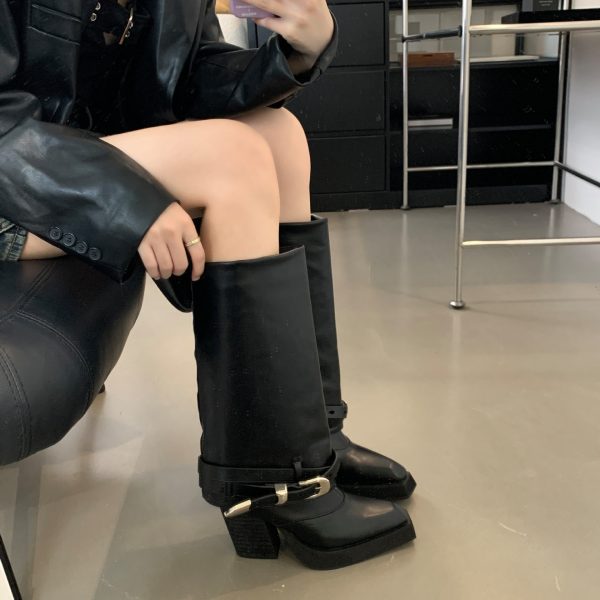 Autumn And Winter Pointed Toe Chunky Heel Knight Boots - Image 5