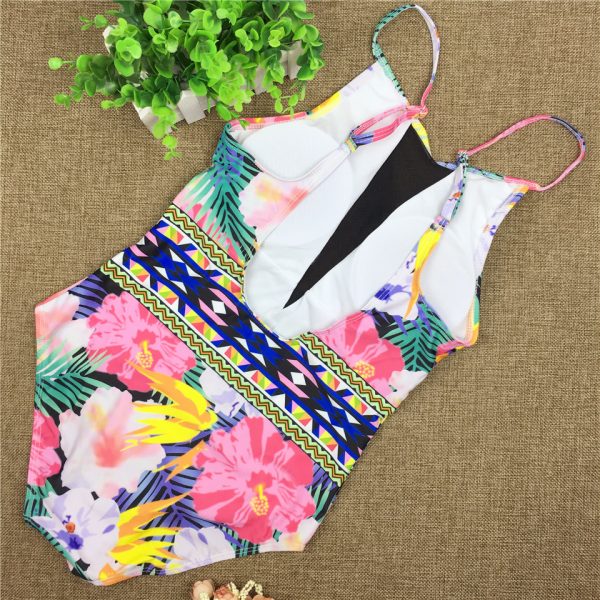 Sexy Mesh One Piece Swimsuit High Cut Swimwear Women Floral Bathing Suit Patchwork Bikini - Image 2