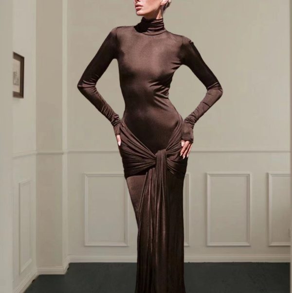 High Collar Solid Color European And American High-end Lace-up Design Dress - Image 2