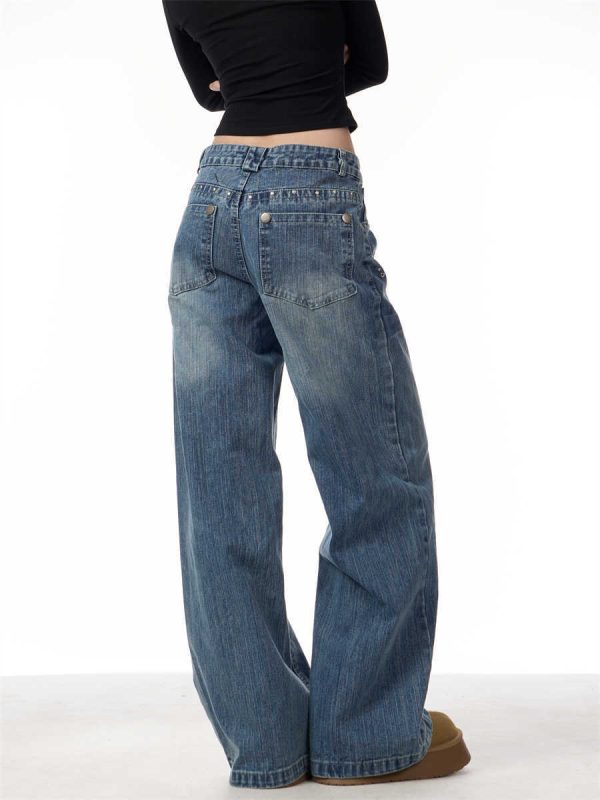 Women's Rivet High Waist Wide Leg Jeans Baggy Straight Trousers - Image 4