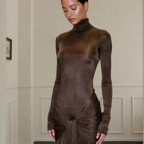 High Collar Solid Color European And American High-end Lace-up Design Dress - Image 3