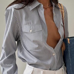 Loose Pockets Striped Contrast Color Cardigan Women's Clothes Top