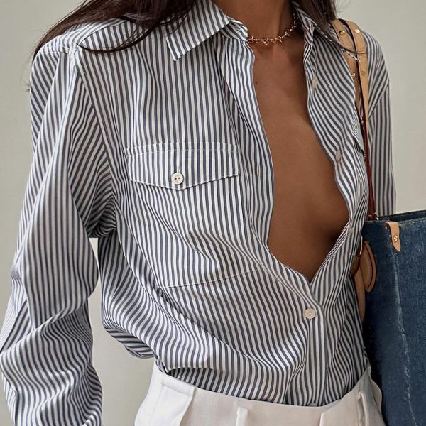 Loose Pockets Striped Contrast Color Cardigan Women's Clothes Top