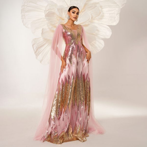 Mesh Long Sleeve V-neck Sequins Large Swing Evening Dress - Image 2