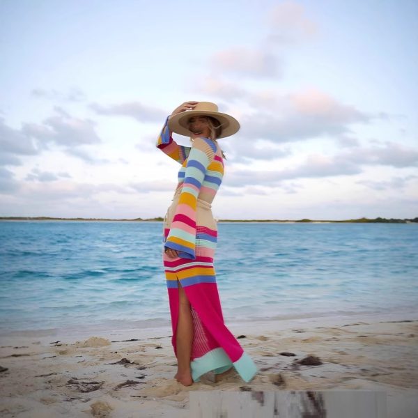 European And American Sexy Beach Dress Striped Colored Pullover Knitted Dress - Image 2