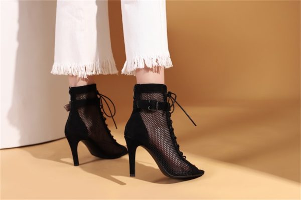 Stylish Peep Toe Hollow Mesh Cross Lace-up Buckle Dance High Heels - Image 3