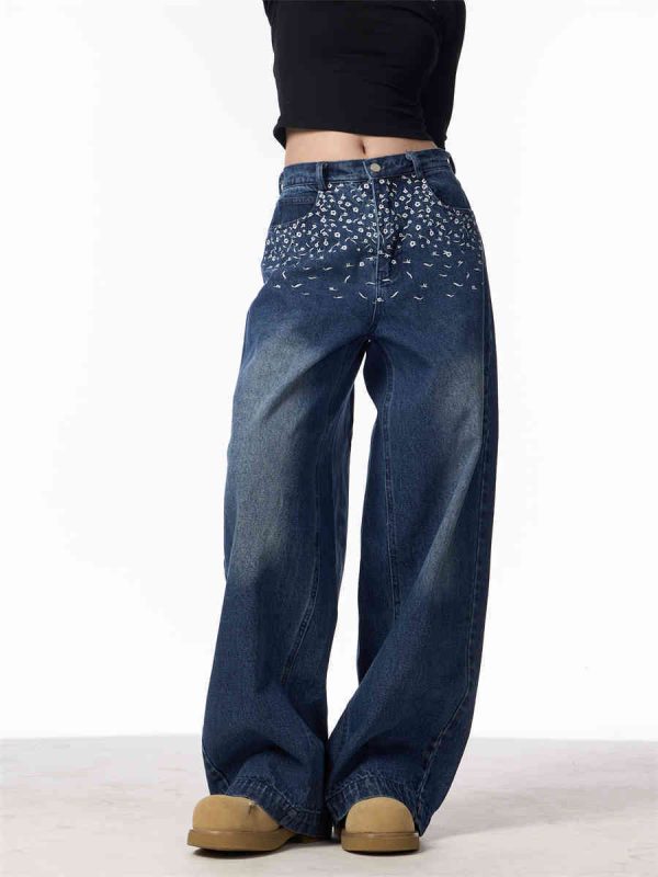 Vintage Floral Embroidered Straight Jeans Women Loose Casual Wide-leg Trousers - Image 5