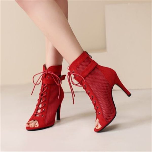Stylish Peep Toe Hollow Mesh Cross Lace-up Buckle Dance High Heels - Image 5