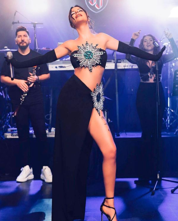 Shiny Rhinestone Tube Top High Slit Skirt Bandage Suit - Image 5