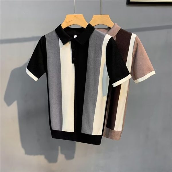 Short Sleeve Men's Vintage Stripe Personality Zipper Half Sleeve - Image 2