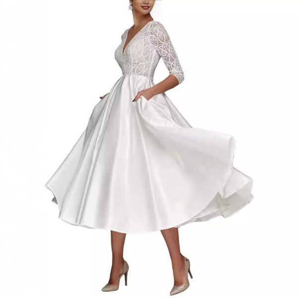 Bridal Deep V-neck Slim Lace Mid-length Long Sleeve Wedding Dress - Image 3