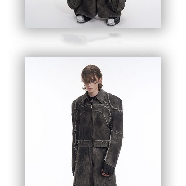 Short Gray Padded Shoulder Denim Coat - Image 3