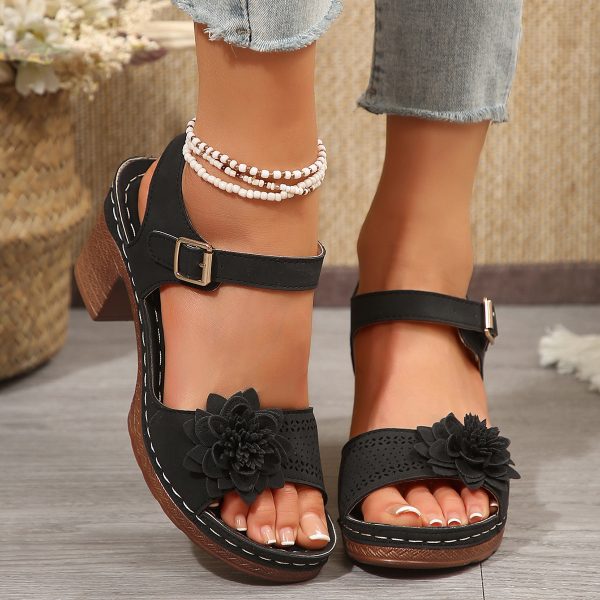 Women's Flowers Chunky Heel Sandals Summer Plus Size Platform Shoes - Image 3