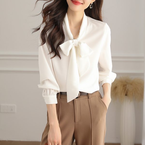 Acetate Satin Bow Shirt Women's Long Sleeve - Image 4