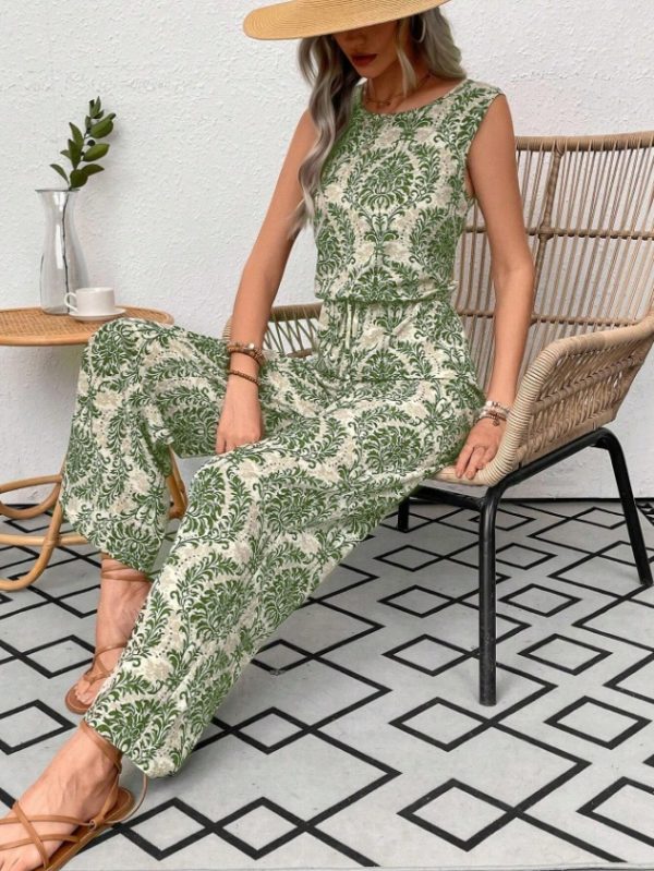 Printed Waist Cinching Casual Straight Leg Pants Set - Image 5